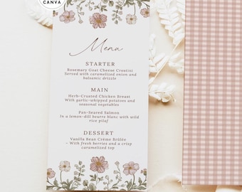 Vintage Floral Menu Template Canva, Garden Party Bridal Shower Menu, Wedding Menu, 4x9" Pink Floral Lunch Dinner Menu, Baby Shower BSIT34