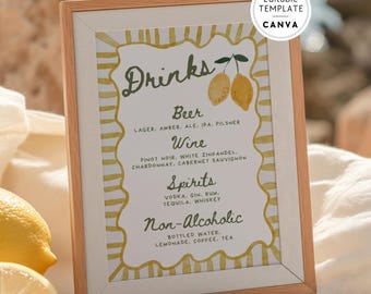 Lemon Ciao Baby Shower Drinks Menu Sign Canva Template, Gender Neutral Whimsical Bar Sign BSIT35