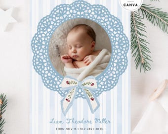 Christmas Photo Birth Announcement Canva Template | Newborn Baby Boy Vintage Watercolor Stripes Holiday Card
