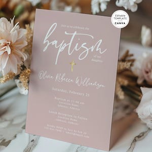 Girls Blush Baptism Invitation, Editable Baby Girl Baptism Invite, Printable Christening Invite, Editable Invitation DIY Canva Template