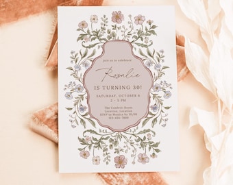 Vintage Floral Birthday Invite Canva Template, Garden Party Preppy Birthday Party Digital Invitation, Folk Art Grandmillenial Editable