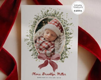 Christmas Photo Birth Announcement Canva Template | New Baby Vintage Gingham Bow Holiday Card
