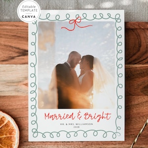 Married & Bright Christmas Card Canva Template, Wavy Frame Newlywed Christmas Photo Card, Editable First Christmas Mr and Mrs Merry Married