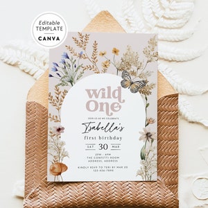Wildflower First Birthday Invitation Template Canva, Wild One Girls 1st Birthday Digital Invite, Editable Wildflower Birthday Invitation