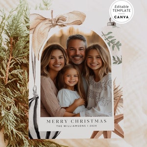 Cozy Christmas Photo Card Canva Template, Editable Holiday Card, Greenery Watercolor Christmas Card, Double Sided Christmas Photo Card