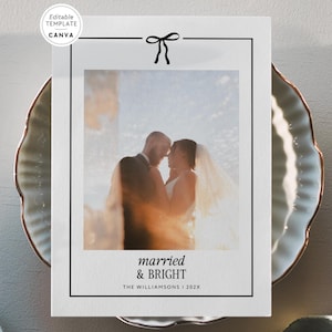 Newlywed Christmas Card Canva Template, Simple Bow Married & Bright Christmas Photo Card, Editable First Christmas Mr and Mrs, Merry Married