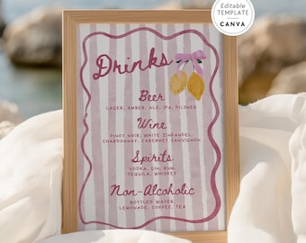 Lemon Ciao Baby Shower Drinks Menu Sign Canva Template, Editable Pink Girls Whimsical Bar Sign BSIT35