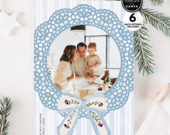 Preppy Vintage Blue Bow Family Photo Christmas Card Canva Template, Happy Holidays Photo Collage Card, Digital Download