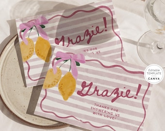 Ciao Baby Girls Lemon Pink Baby Shower Thank You Card Canva Template BSIT35