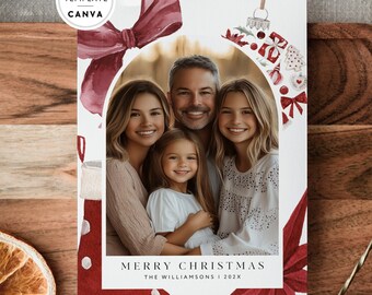 Christmas Family Photo Card Canva Template, Editable Holiday Card, Watercolor Ornaments Christmas Card, Double Sided Christmas Photo Card