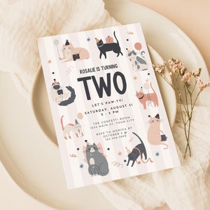 Cat Birthday Party Invite Canva Template, Kitty Pawty Digital Invitation, Editable Animal Party Invite, First Second Third Birthday Girls