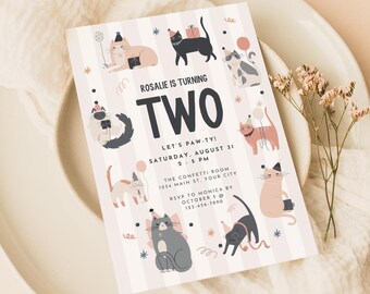 May include: A pink and white striped invitation with a cat theme. The invitation says "Rosalie is turning Two" and has a party date of Saturday, August 31st. The invitation also includes the time of the party, the location, and RSVP information.