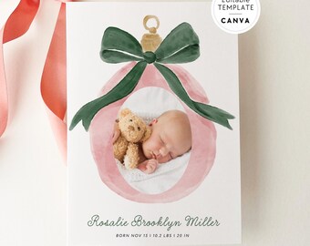 Christmas Photo Birth Announcement Canva Template | Newborn Baby Girl Vintage Watercolor Bow Holiday Card