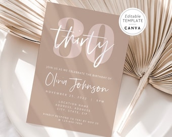 Boho 30th Birthday Invite Template Canva, Hello 30 Birthday Party Digital Invitation, Happy 30th Birthday, Editable Blush Birthday Invite