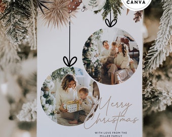 Pode incluir: Um cartão de Natal branco com uma foto de uma família em duas molduras circulares. O cartão tem uma mensagem escrita à mão "Feliz Natal" e o texto "Com amor da família Miller".