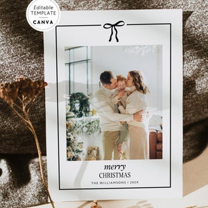 Minimal Photo Christmas Card with Bow Canva Template, Simple Family Christmas Photo Card, Editable Holiday Greeting Card, Happy Holidays