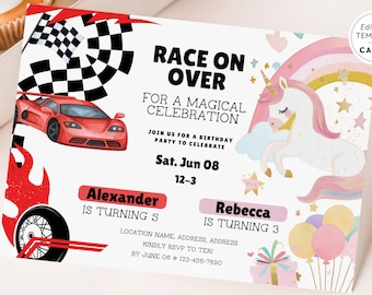 Siblings Rainbow Unicorn & Race Cars Invite Canva Template, Editable Joint Birthday Printable, Any Age Boy Girl Twins, Magical Celebration