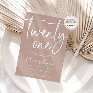 21st Birthday Invite Canva Template, Boho Birthday Party Digital Invite, DIY Twenty One Happy 21st Birthday, Editable Blush Birthday Invite