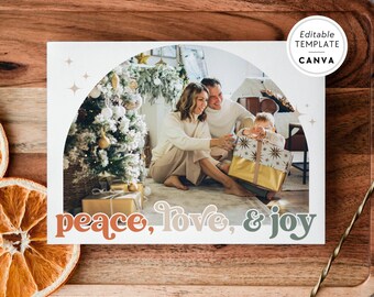 Retro Landscape Photo Christmas Card Canva Template, Boho Editable Holiday Card, Christmas Arch Photo Card Template, DIY Family Photo Xmas