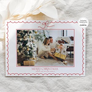 Preppy Photo Christmas Card with Bow Canva Template, Simple Family Christmas Photo Card, Editable Holiday Greeting Card Landscape Horizontal