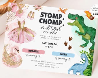 Editable Siblings Dinosaur & TuTu Invite Canva Template, Joint Birthday Printable, Any Age Boy Girl, Ballerina Jurassic, Twins Birthday