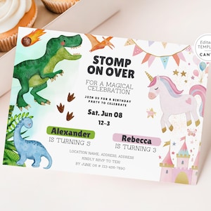 May include: A colorful invitation for a birthday party with a dinosaur and unicorn theme. The invitation says "Stomp on Over" for a magical celebration. The party is for Alexander turning 3 and Rebecca turning 3. The party is on Saturday, June 8th from 12-3.