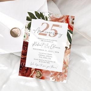 25th Anniversary Invitation Template, Printable Floral Anniversary Invite, Silver Wedding Anniversary Party Invitation, DIY Canva Template