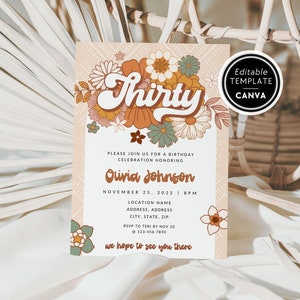 Retro 30th Birthday Invite Template, Groovy 70s Style Birthday Party Digital Invitation, DIY Canva Template, Hippie Happy 30th Birthday