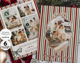 Vintage Coquette Bow Family Photo Christmas Card Canva Template, Happy Holidays Photo Collage Digital Download