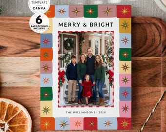 May include: A rectangular holiday greeting card featuring the text MERRY & BRIGHT and THE WILLIAMSONS | 202X. The card has a colorful border of squares with starburst patterns and a central photograph of a family standing on a porch.