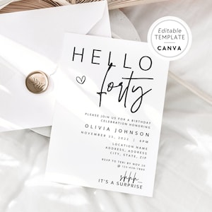 Boho 40th Birthday Invite Template, Editable Surprise Birthday Party Invite, DIY Canva Template, Happy 40th Birthday, Digital Bday Invite