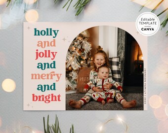 Retro Photo Christmas Card Canva Template, Boho Editable Holiday Card, Christmas Arch Photo Card Template, DIY Xmas Card Family Photo