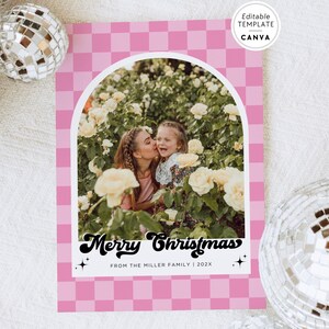 Retro Photo Christmas Card Canva Template, Groovy Boho Editable Holiday Card, Pink Christmas Photo Card, Xmas Card Arch Photo Checkered
