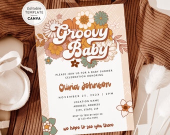 Retro Groovy Gender Neutral Baby Shower Invitation Canva Template (Digital Download)