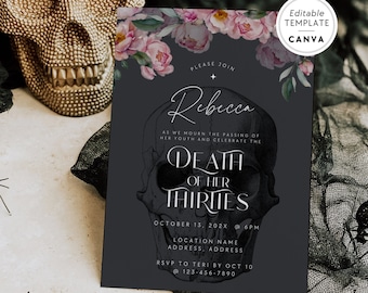 40th Birthday Invite Template, RIP Thirties Party Invitation, Skull Birthday, Death To Your 30s Invite, 40th Party Invite, Canva Template