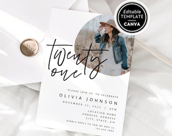 21st Birthday Photo Invite Template, Boho Birthday Party Digital Invite Canva Template, Happy 21st Birthday, Editable Twenty One Bday Invite