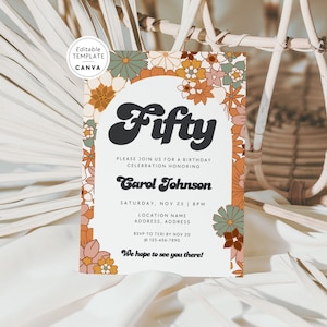 Groovy 50th Birthday Invite Template, Retro 70s Style Birthday Party Digital Invitation, Canva Template, Happy Fifty Birthday, Hippie Bday