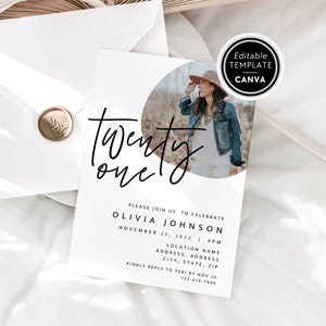 21st Birthday Photo Invite Template, Boho Birthday Party Digital Invite Canva Template, Happy 21st Birthday, Editable Twenty One Bday Invite