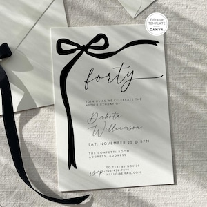 Black Bow 40th Birthday Invite Canva Template, Birthday Party Digital Invitation, DIY Coquette Bow Invitation Black Bow Party Electronic