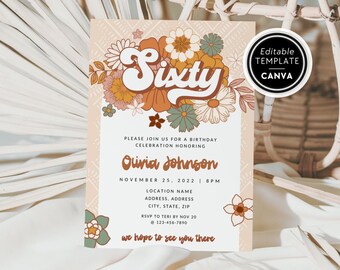Groovy 60th Birthday Invite Template, Retro 70s Style Birthday Party Digital Invitation, Canva Template, Happy 60th Birthday, Hippie Bday
