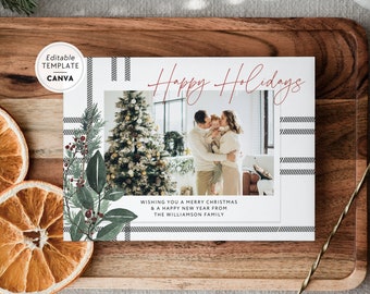 Plaid Christmas Landscape Photo Card Template, Editable Holiday Card Canva, Greenery Watercolor Christmas Card, Double Sided Christmas Card