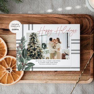 Plaid Christmas Landscape Photo Card Template, Editable Holiday Card Canva, Greenery Watercolor Christmas Card, Double Sided Christmas Card