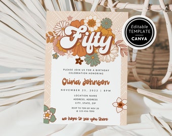 Retro 70s 50th Birthday Invitation Template, Groovy Hippie Bday (Canva Digital Template)