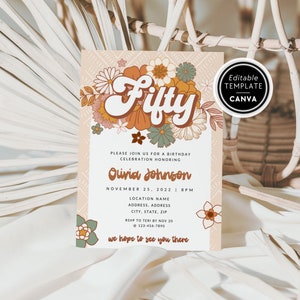 Groovy 50th Birthday Invite Template, Retro 70s Style Birthday Party Digital Invitation, Canva Template, Happy 50th Birthday, Hippie Bday