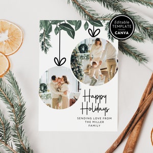 Rustic Christmas Photo Card Template, Editable Holiday Card Canva, Greenery Watercolor Christmas Card, Double Sided Christmas Photo Card