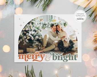 Retro Landscape Photo Christmas Card Canva Template, Boho Editable Holiday Card, Christmas Arch Photo Card Template, DIY Family Photo Xmas