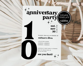Retro 10th Anniversary Invitation Template, Groovy Anniversary Invite, Tenth Wedding Anniversary Party Invitation, Canva Template - Dani