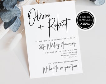 Minimalist 30th Anniversary Invitation Template, Printable Anniversary Invite, Pearl Wedding Anniversary Party Invitation, Canva Template