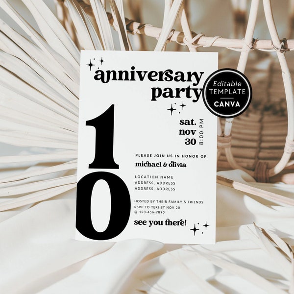 Retro 10th Anniversary Invitation Template, Groovy Anniversary Invite, Tenth Wedding Anniversary Party Invitation, Canva Template - Dani