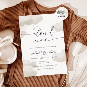 We are on Cloud Nine Baby Shower Invitation Canva Template, Printable Cloud Themed Baby Shower Invitation, Editable Gender Neutral Invite